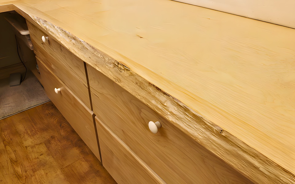 Custom tountertop in live-edge maple in quilting studio